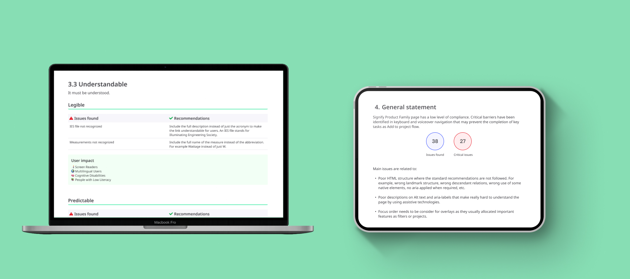 Report provided after accessibility audit were each issue is detailed and a general accessibility score is provided.