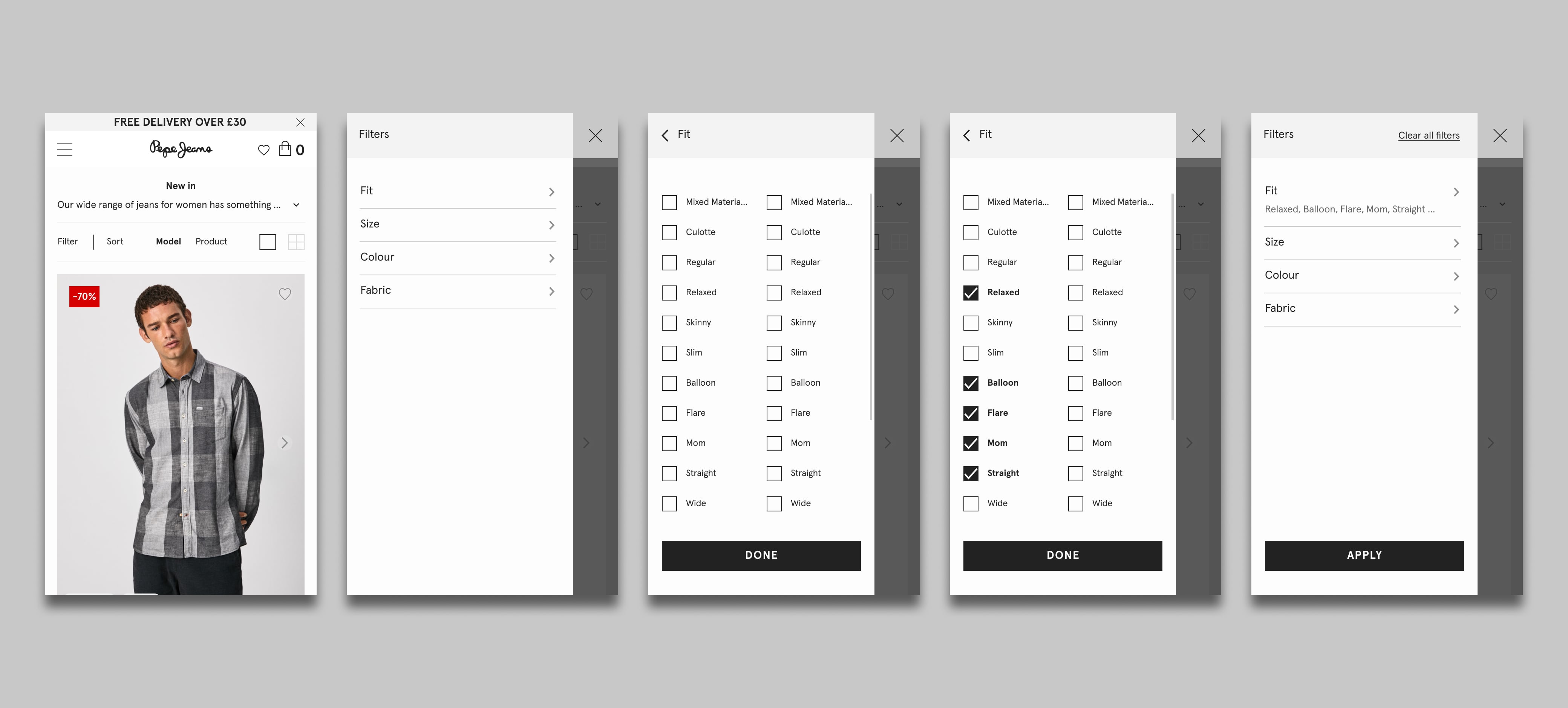 Pepe Jeans product listing page filters